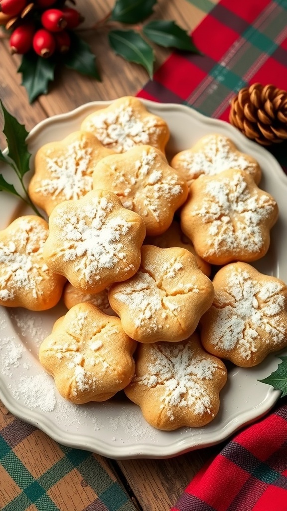 Vintage Christmas doodle cookies on a festive plate with powdered sugar, decorated with holly.